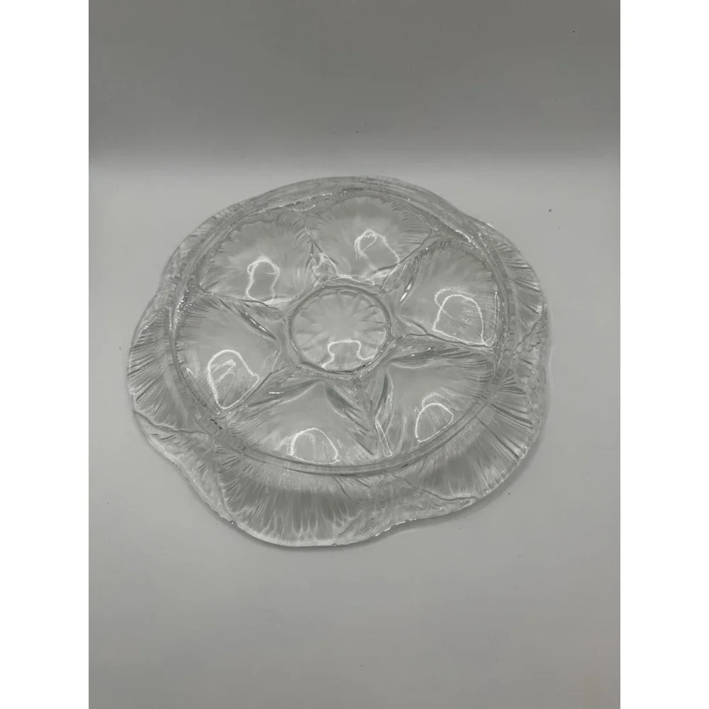 L.E. Smith Clear Glass Oyster Plate 6 Well Seafood Serving Dish Vintage 9